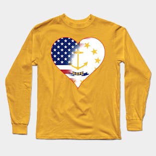 State of Rhode Island Flag and American Flag Fusion Design Long Sleeve T-Shirt